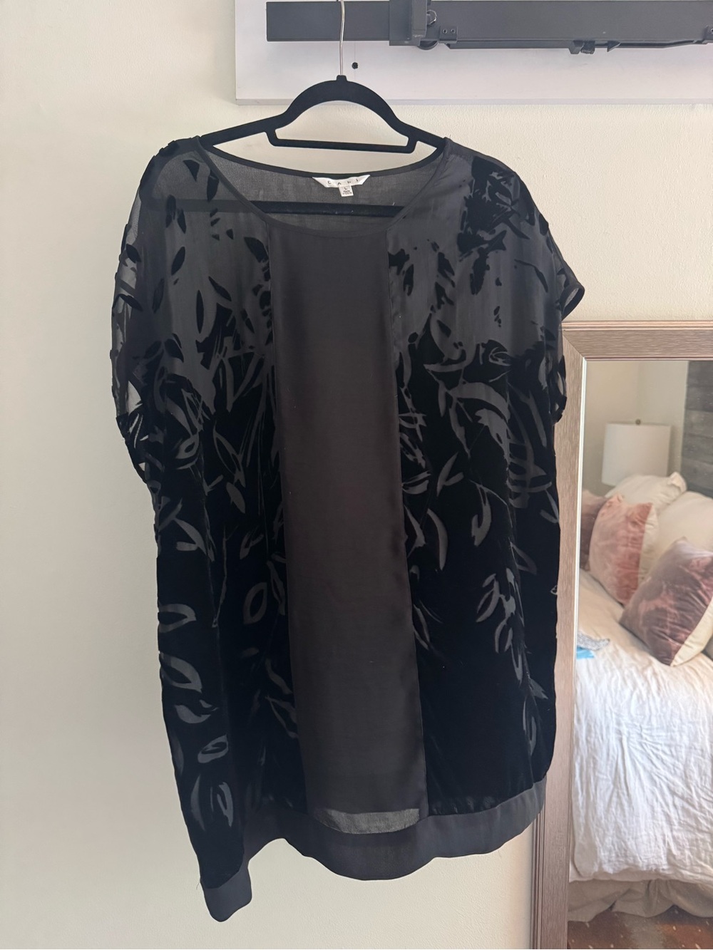 CAbi Black Velvet Burnout Floral Short Sleeve Blouse